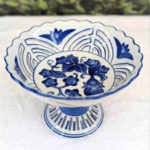 Vintage Asian Blue and White Reticulated Porcelain Fruit Bowl